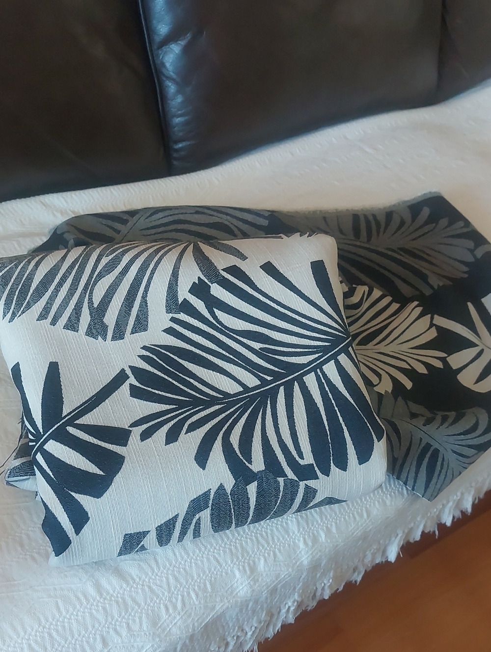 Neutral Grey and Black Palm Leaf Decorative Upholstery Fabric.